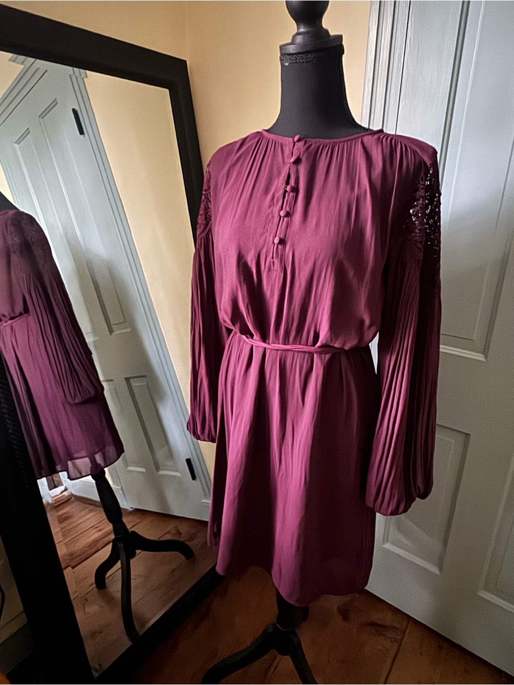 LOFT Long-Sleeve Belted Dress in Plum Berry